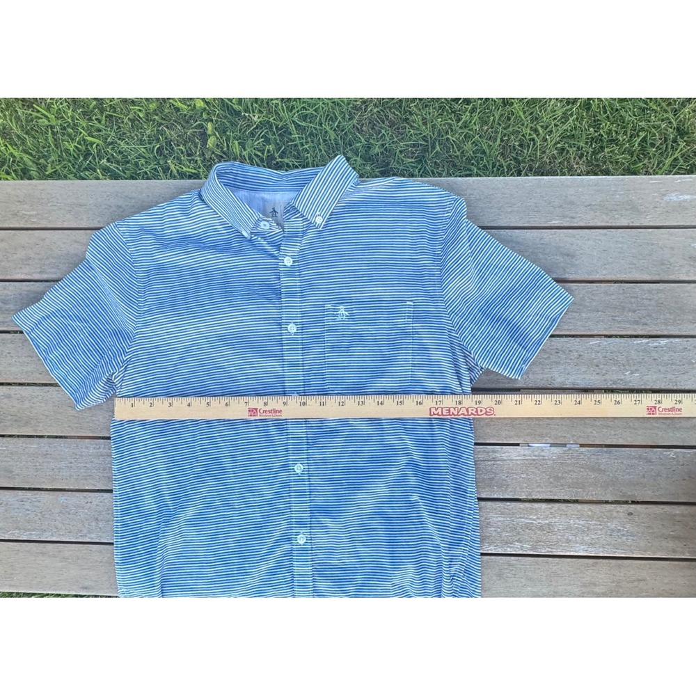 Original Penguin Mens Blue White Striped Short Sleeve Button Down Shirt Medium - Picture 5 of 9
